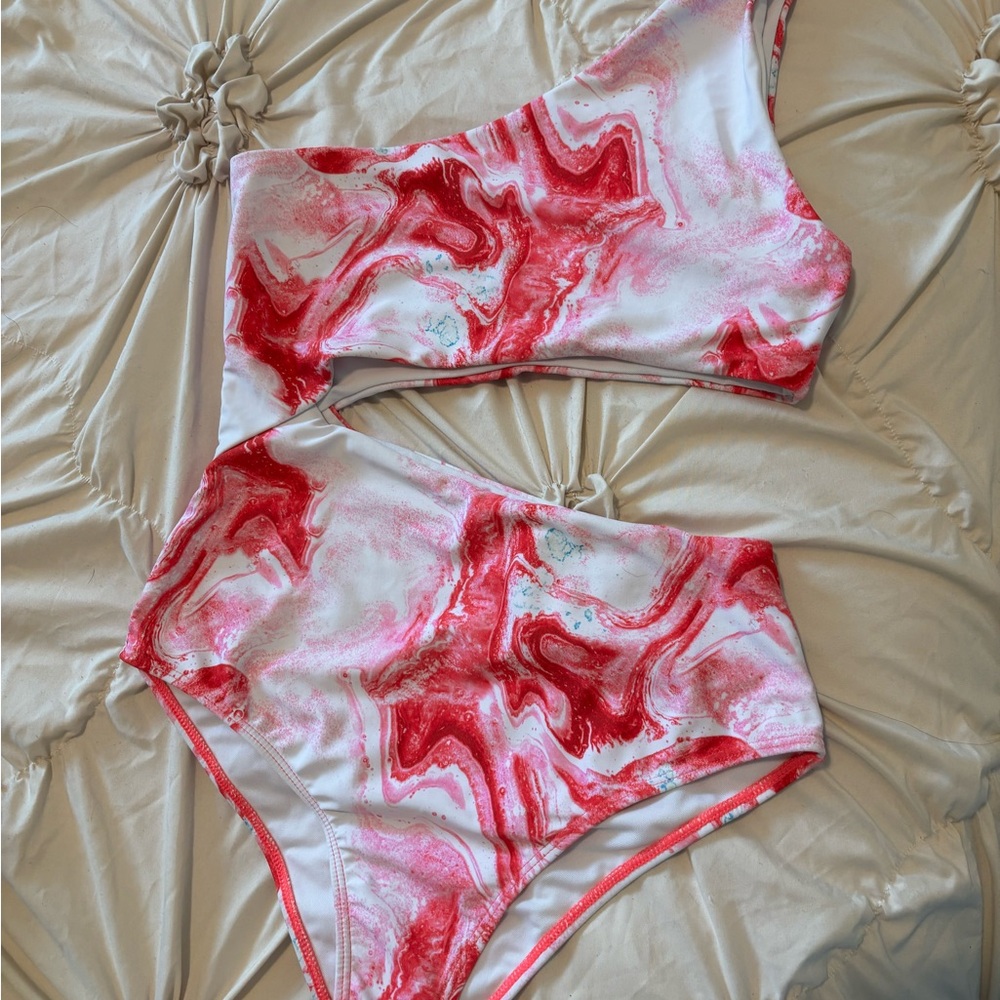 One-Shoulder Red Marble One Piece Swimsuit